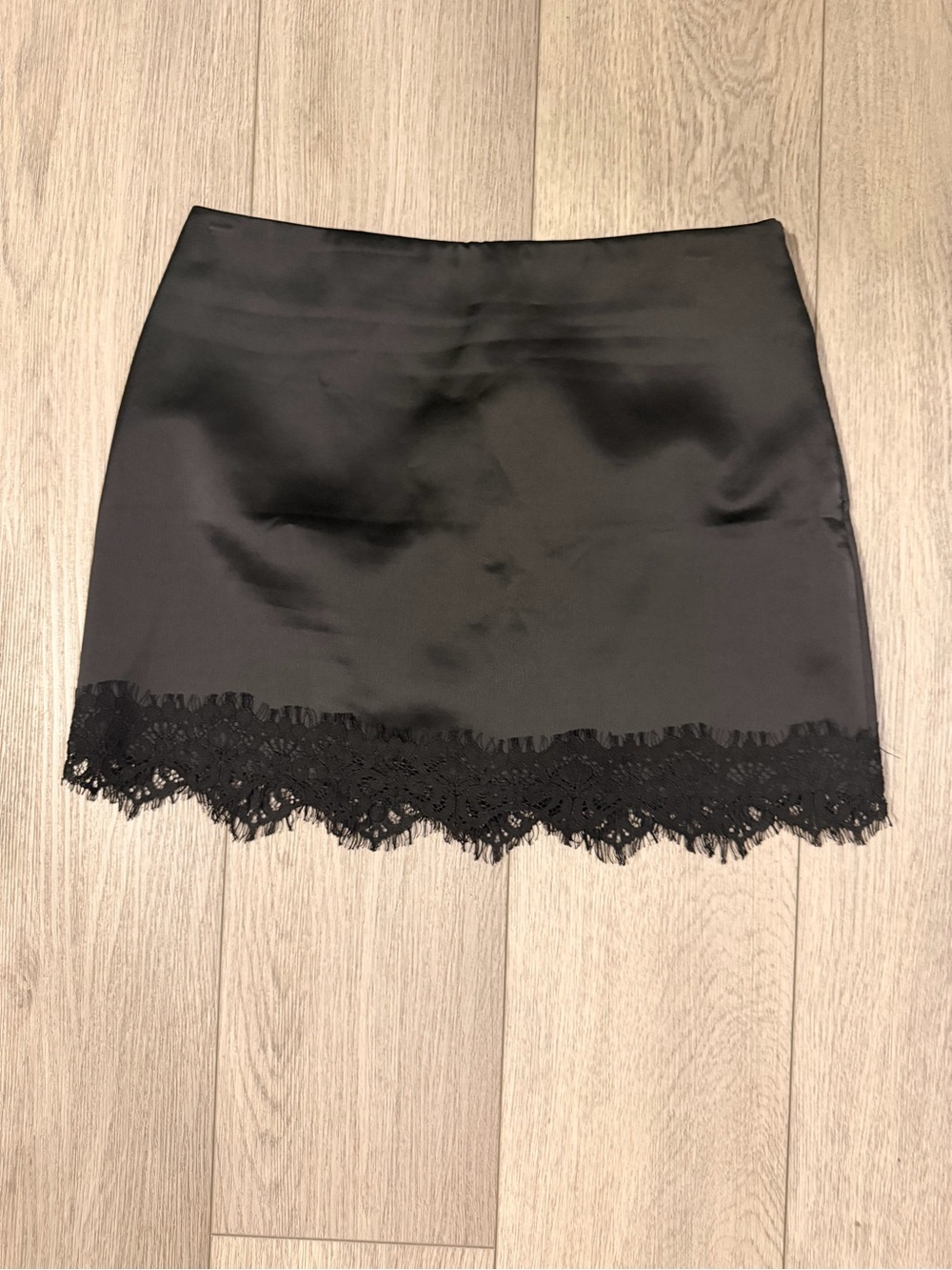 Zara Black Satin Mini Skirt with Lace Hem